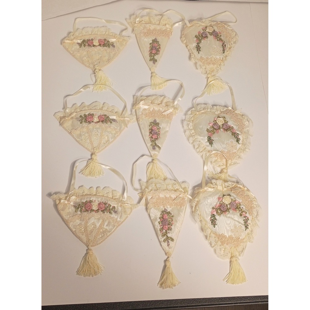 VTG Lot of 9 Satin Lace Ribbon Ornaments Grannycore CottageCore Shabby Chic